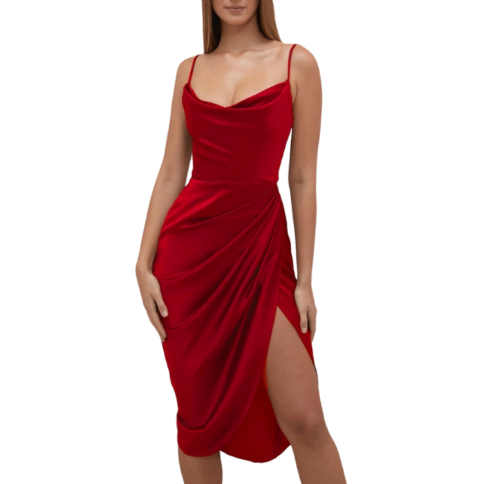 Red Satin Midi Dress